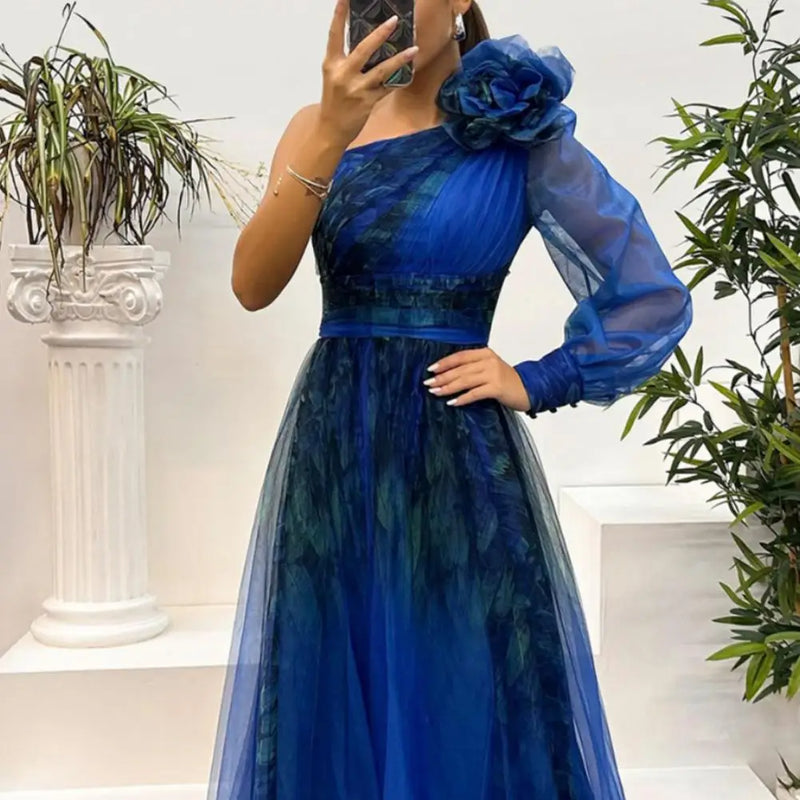 Elegant Women Evening Dress 3D Flower Pleated Mesh Banquet Dress Long Sleeve Waist A-line Floor Slit Hem Ball Gown Dress Robe