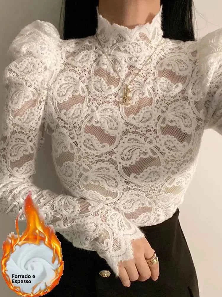 Fleece Lined Lace Base Shirt Women's Autumn Winter Hollow out Mesh Top Trendy Commute Style High Neck Long Sleeve  Color