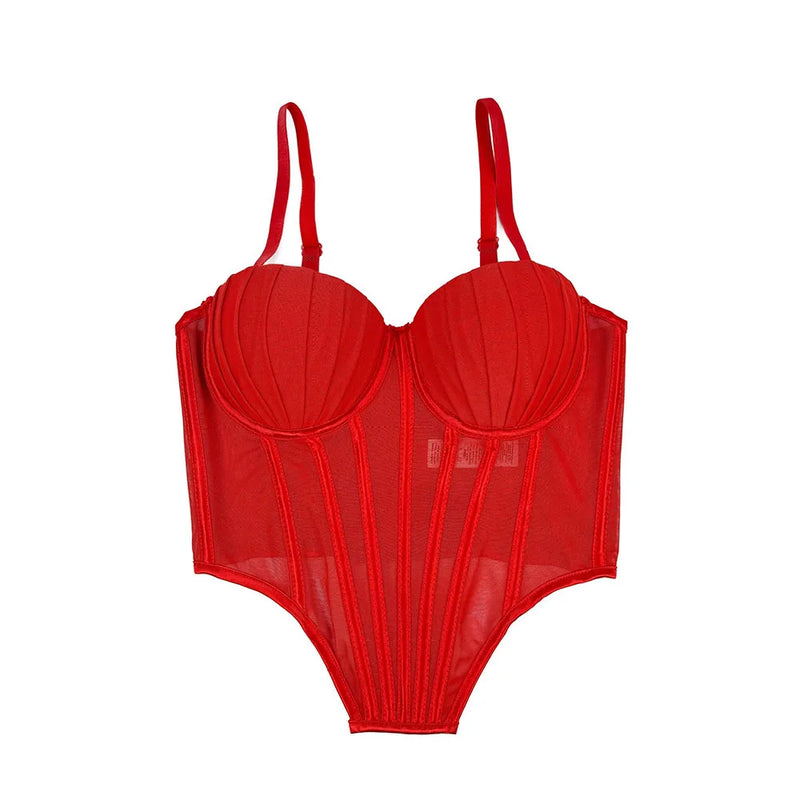 Corpete transparente de malha feminino, faixa espinha de peixe na cintura, corpete bustiê, tops sensuais
