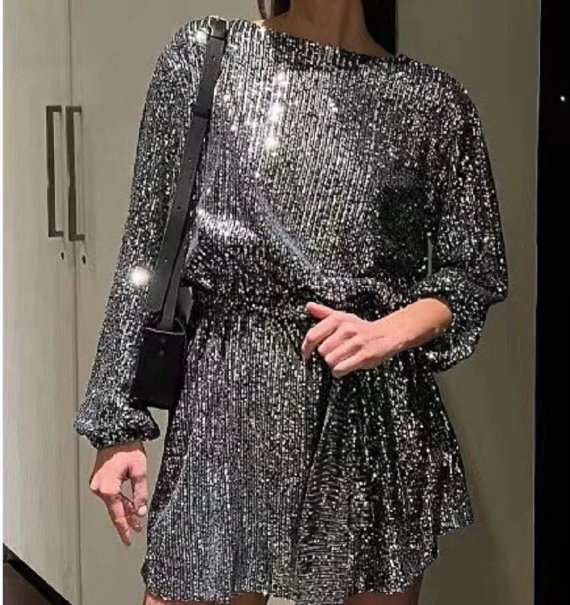 Fashion sequined Pearl color waist dress evening dress skirt women's dress