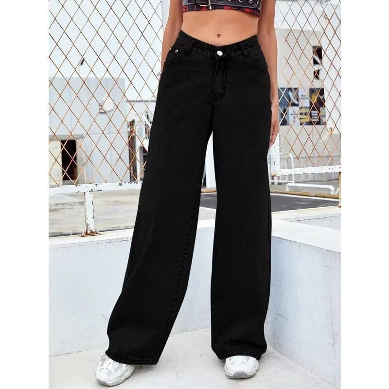 Trendy Cross-Border Hot Selling Women's Sweet-and-Spicy Style High-Waist Loose Casual Straight Leg Jeans Cotton Gauze