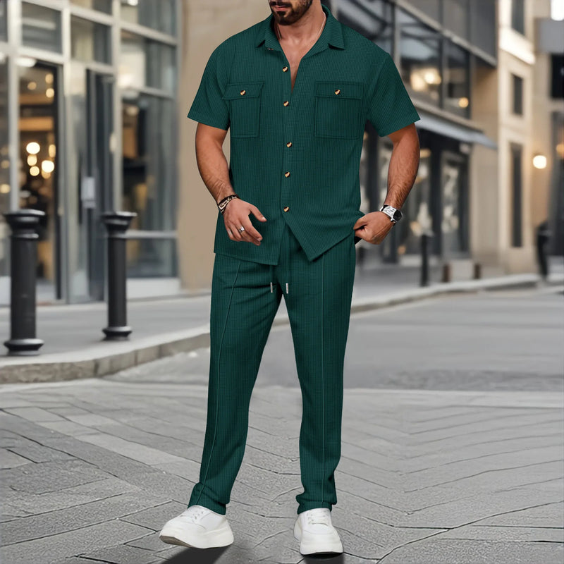 Conjunto de duas peças masculino, camisa casual leve, cor sólida, bolso com botão, tendência waffle, manga curta, calça, verão 2025