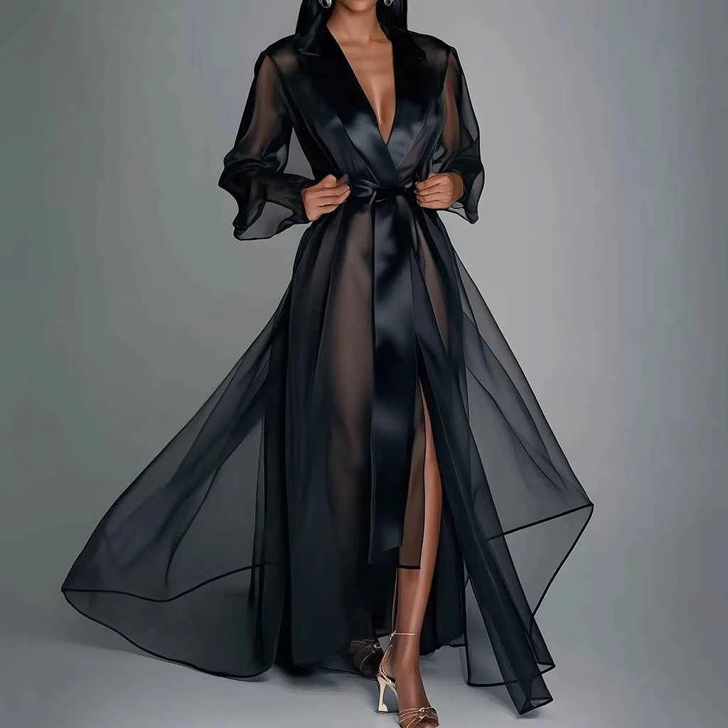 Women Maxi Dress Solid Organza See Through Lapel Long Sleeve Robe Summer Autumn Fashion Lace Up Gown Satin Silk Party Dress
