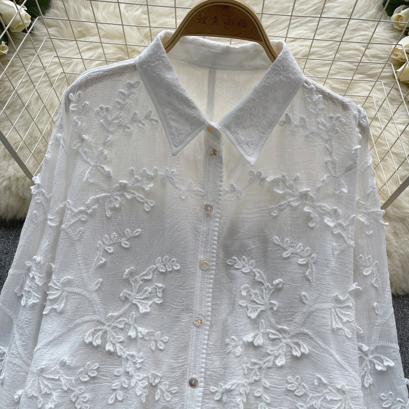 Camisa solta bordada SINGREINY feminina elegante retrô com lapela sólida manga comprida blusa feminina de alta qualidade moda verão