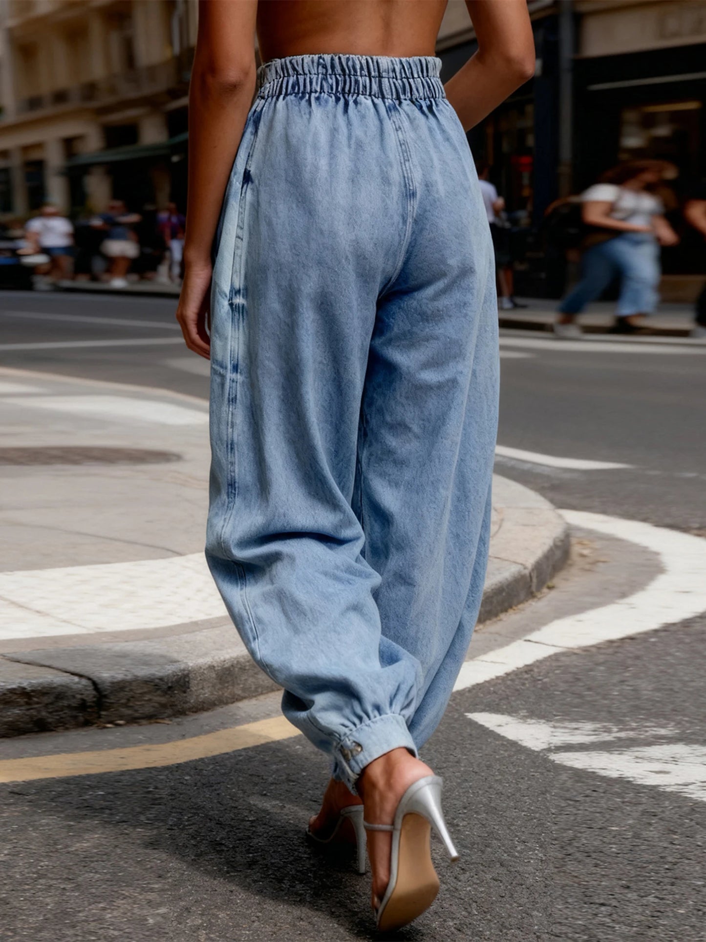 Women Harem Denim Pants Causal High Waist Wide Leg Baggy Solid Color Trousers with Pockets