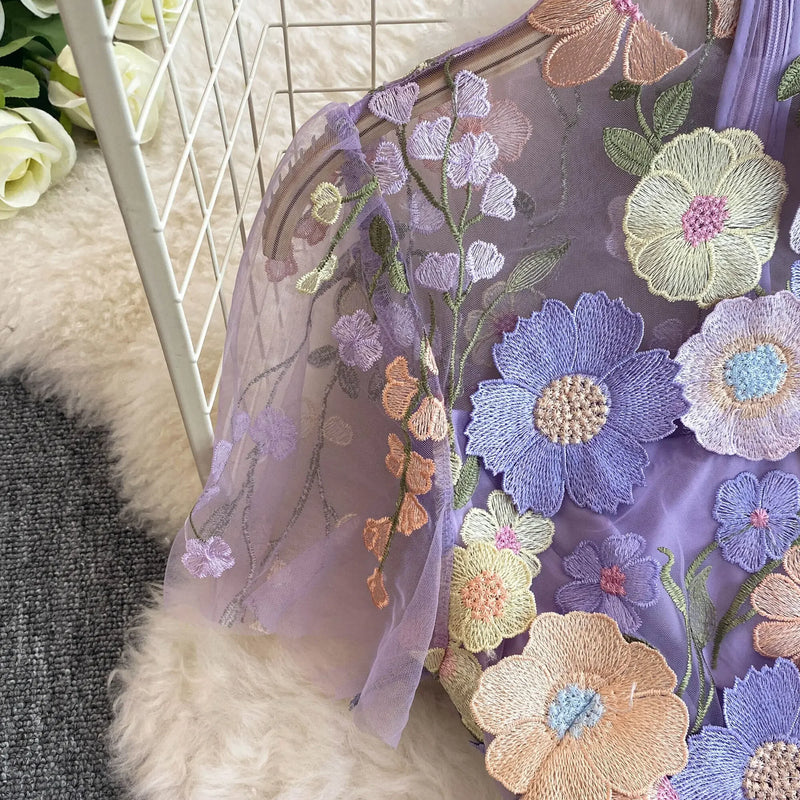 Summer High-end Embroidery Lace Prom Dress Women French Luxury 3D Flower Short Sleeve Long Dress Party Bodycon Holiday Vestido
