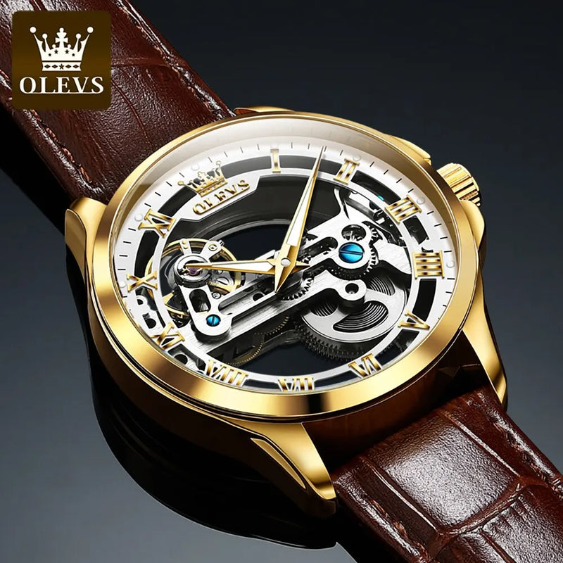 OLEVS Luxury Men Watches Automatic Mechanical Wristwatch Skeleton Design Waterproof Leather Strap Male Watch Reloj Hombre - CRAVO ROSE