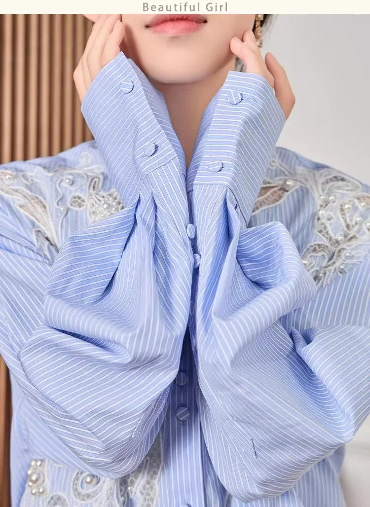 Camisas de luxo de alta qualidade com pérolas, contas, rendas, bordados, listras azuis, blusas para mulheres, tops