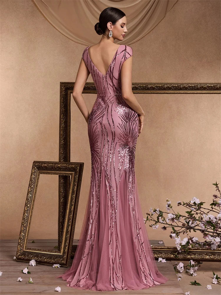 Luxury Cap sleeve V-neck Sequin Formal Evening Dress Women 2025 Elegant Mermaid Party Maxi Prom Arabia Cocktail Graduation Gowns