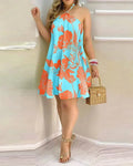 Vestidos Sem Mangas Sem Costas Curto Mini Vestido Solto Halter Neck Estampa Praia Vestido de Verão Floral Vestidos S-3XL