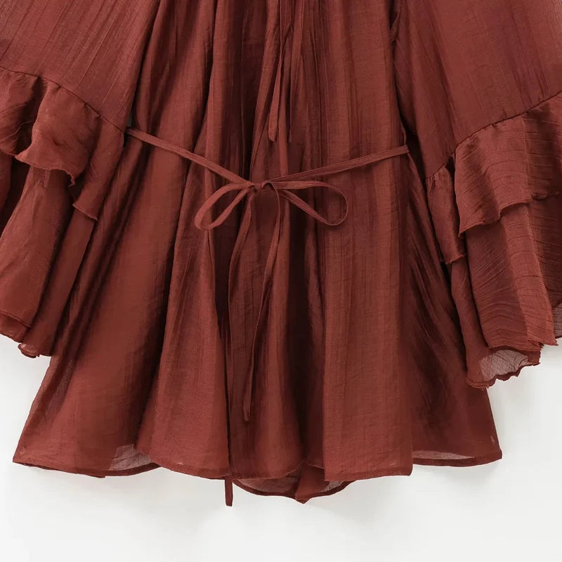 HXAO Woman 2025 Dress Ruffle Long Sleeve Mini Dress Summer Tie Fairy Short Dresses For Women Pleated Elegant Party Dresses 088