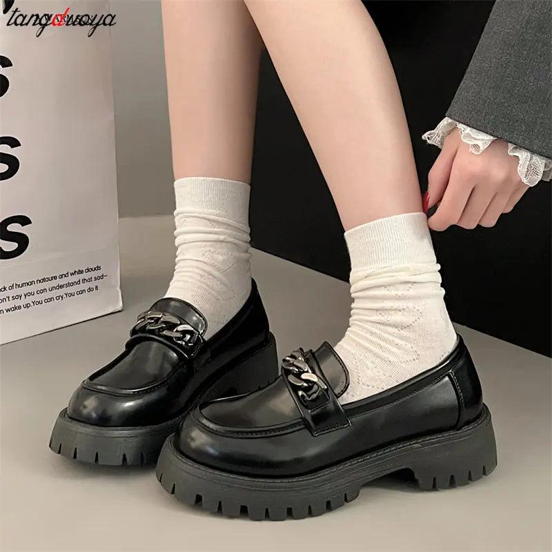 Chunky Heel Platform Metal Chain loafers Women Pumps Black round toe small leather shoes Female Casual Retro JK Uniform shoes - CRAVO ROSE