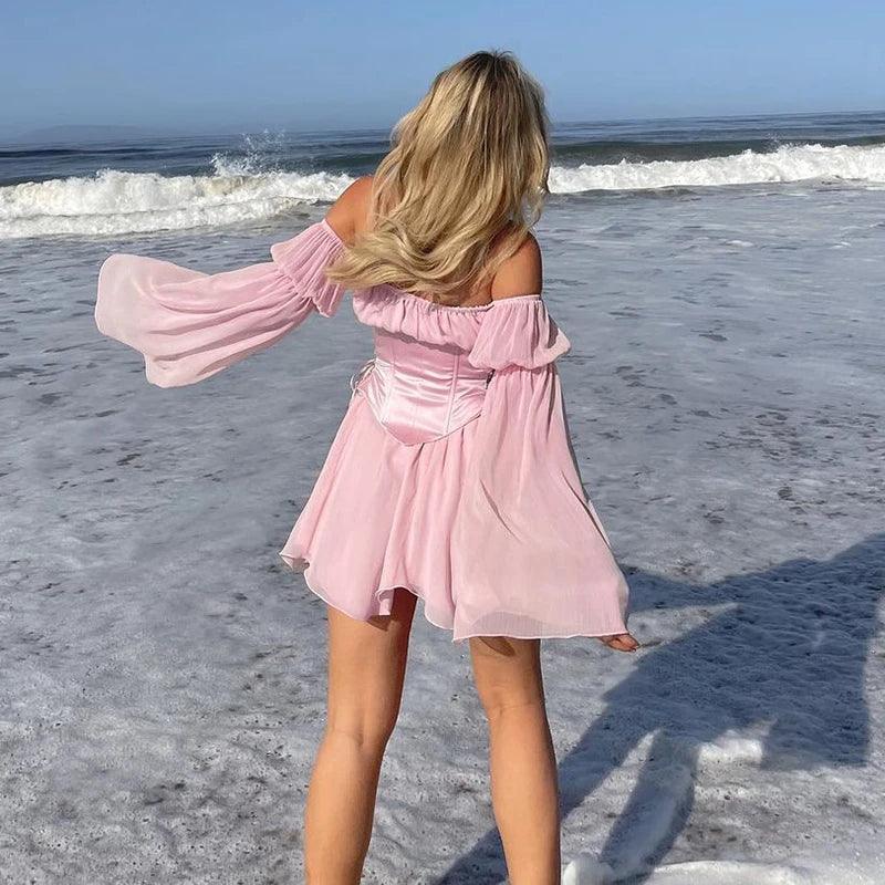 Fada rosa chiffon mini vestido chique feminino bandagem espartilho vintage manga longa puff vestido de verão slash neck dama de honra bodycon praia - CRAVO ROSE