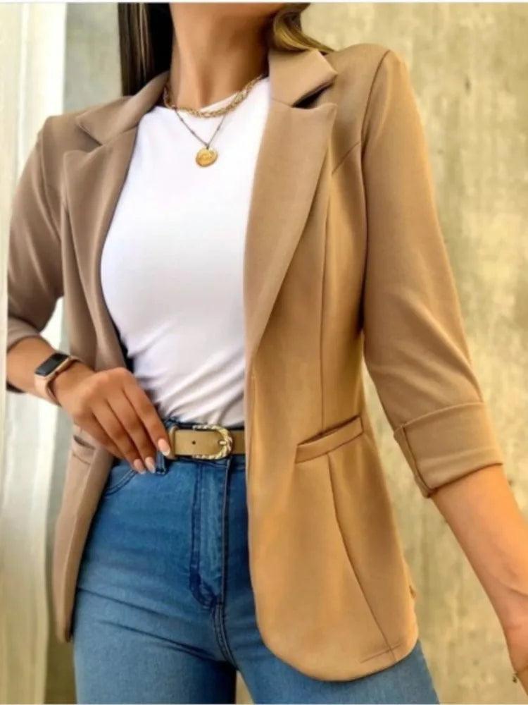 Casual Long Sleeve Suit Jacket Office Lady Spring Autumn Fashion Solid Turn Down Collar Slim Coats For Women 2023 Female Tops - CRAVO ROSE