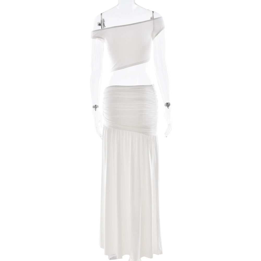 Sibybo Elegant Metal 2 Piece Set Women Partywear Oblique Shoulder Irregular Crop Top Side Slit Ruched Maxi Skirt Matching Outfit