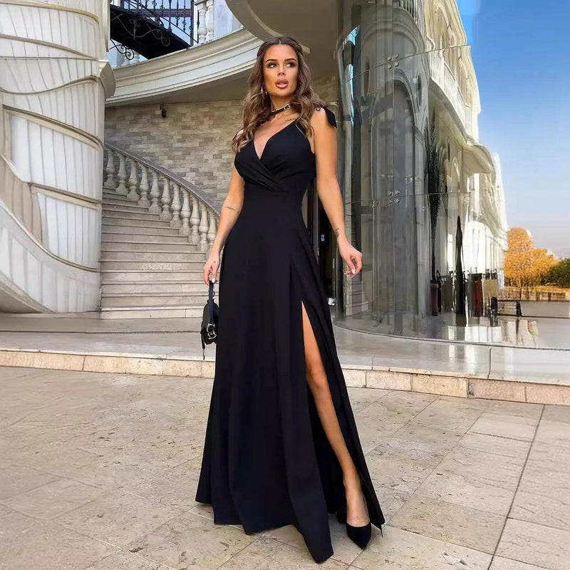 Summer Women Party Maxi Dress Cross V-neck Bowknot Strap X-long Club Vestidos Female Side Split Elegant Lady Long Dresses - CRAVO ROSE