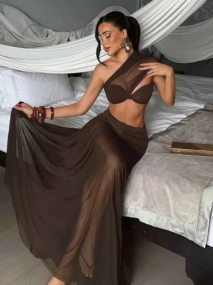 Nibber Fashion Ruched Elegant 2 Piece Set Woman Mesh Patchwork Skew Collar Backless Crop Tops+A-Line Long Skirt Prom Party Suit