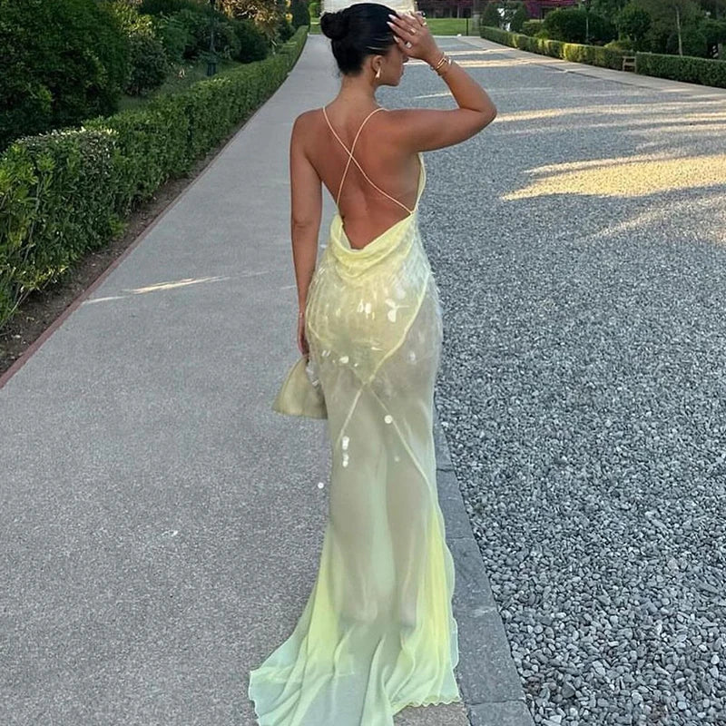 Sexy Deep V-neck Beaded Fishtail Dress Women Elegant Sleeveless Evening Dress Fashion Sequin Backless Hollow Out Slim Long Dress