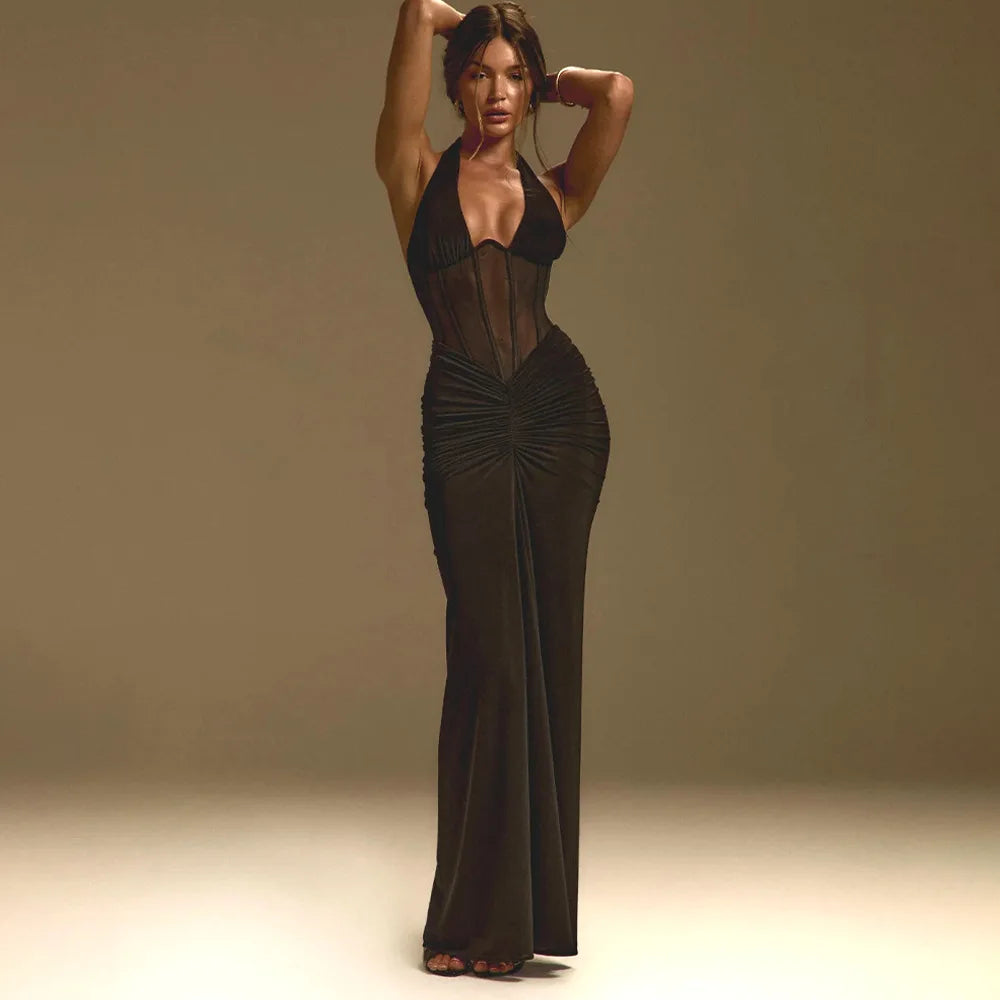 Elegant White Long Curvy Dress Women's Halter Deep V Backless Black Mesh Ruched Maxi Dresses Evening Party Cocktail Robe Summer
