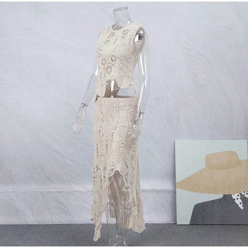 Crochet Knitted Asymmetric Women's Dress Set Chic O-neck Sleeveless Top Short Lining Skirt Suit 2023 Fashion Fairy Sweet Outfits