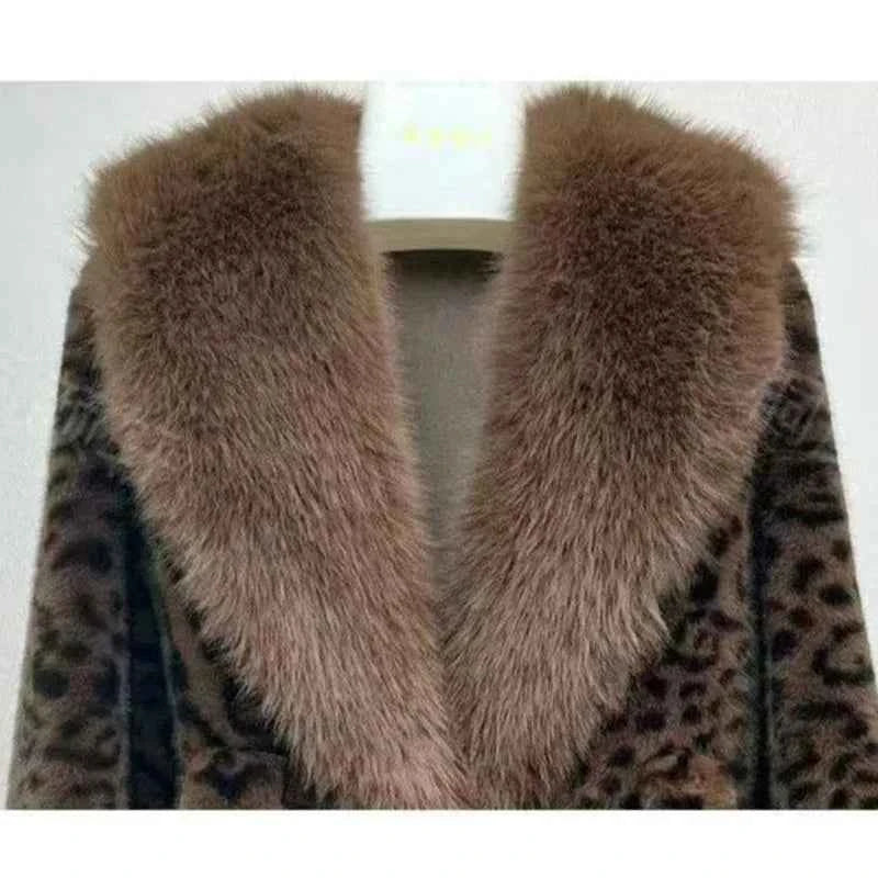2025 New Women Autumn Winter Leopard Print Temperament Fur Coat Medium-Long High End Fur Collar With Belt Fur Jacket Overcoat