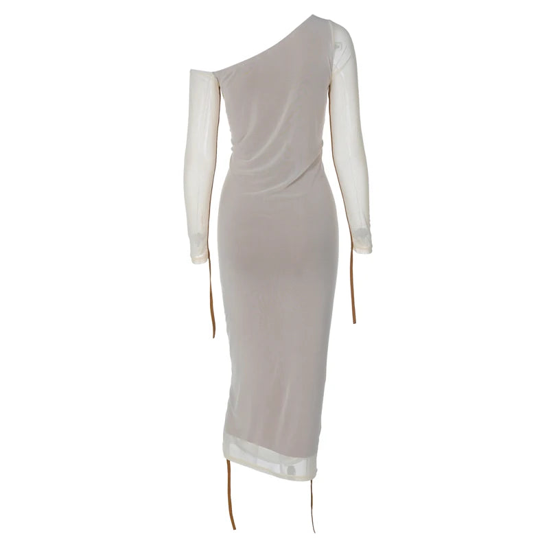 Hugcitar Mesh Solid Diagonal Collar Long Sleeve Draped Sexy See Through Bodycon Maxi Dress Summer Fashion Clothes Festival Club