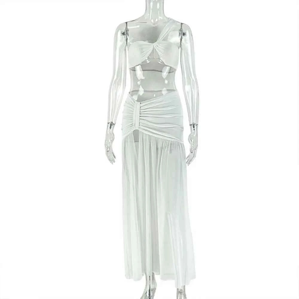 FLARORA Sexy Mesh Ruched 2 Piece Sets Woman Strapless Crop Tops And High Split Long Skirts Suits Elegant Beach Vacation Clothing