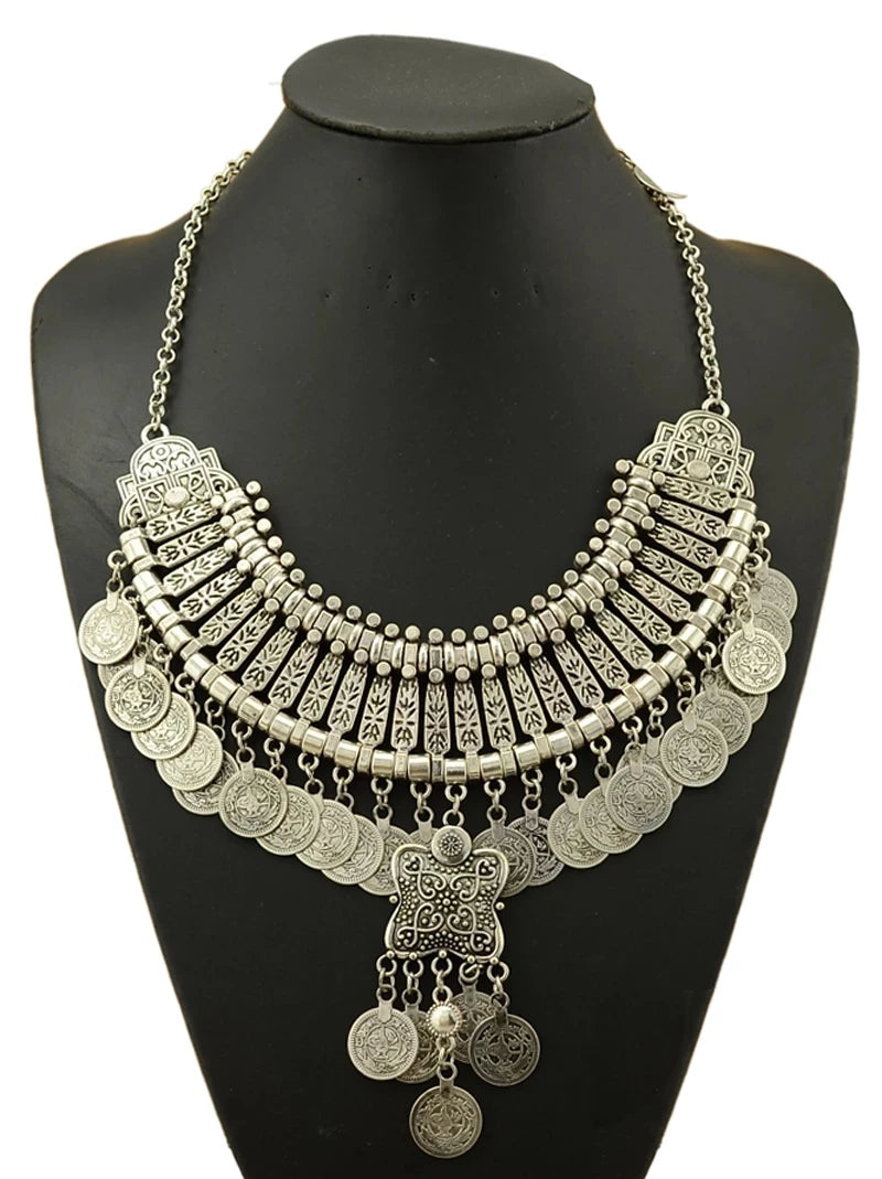 Gypsy Boehmian Hippie Collar Necklaces for Women Big Chunky Tibetan Silver Metal Necklace Festival Turkish Party Jewelry Gift