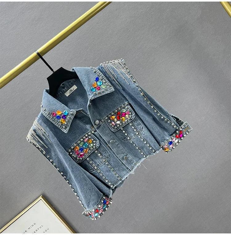 Tassel Rivet Colorful Diamond rhinestone luxury Fashion Women Long Sleeve Streetwear Outwears denim Jackets Coat Summer - CRAVO ROSE