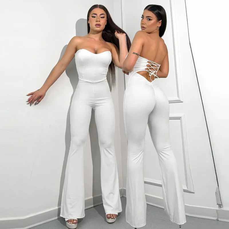 2025 Summer Women's Solid Color Back Strap Strapless Strapless Open Shoulder Tight Micro Flared Pants Jumpsuit