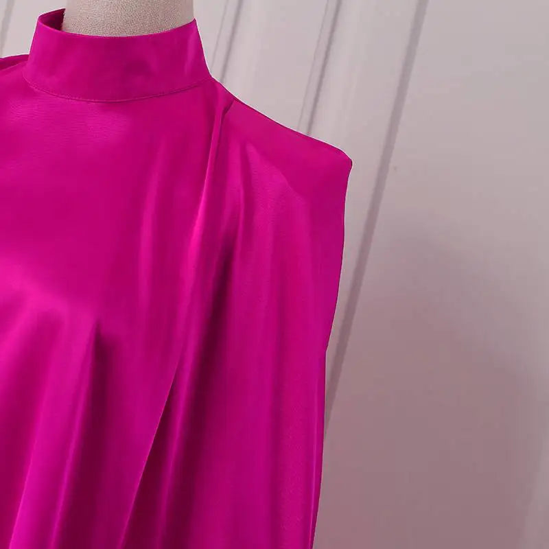VONDA Women Elegant Satin Dress 2024 Fashion Long Bat Sleeve Stand Collar Evening Pleated Maxi Sundress Casual Solid Loose Robe