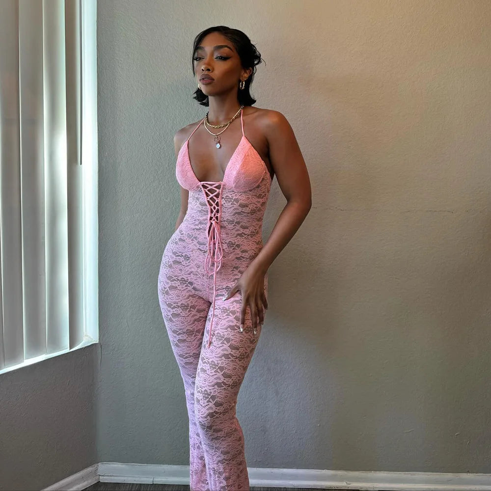 Women's New Sexy Fashion Hollow-Out Lace See-Through Backless Halter Slim Jumpsuit