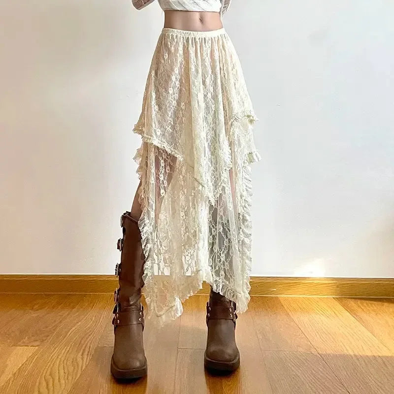 Saia assimétrica de renda Fairycore feminina vintage Y2K Boho estética moda cintura alta saias médias femininas roupas de férias