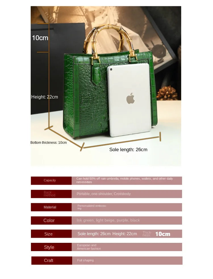 Brand Genuine Leather Real Bamboo Women's Bag Crocodile Pattern Handbag Portable Tote Bag Mom Tide Shoulder Messenger Bags