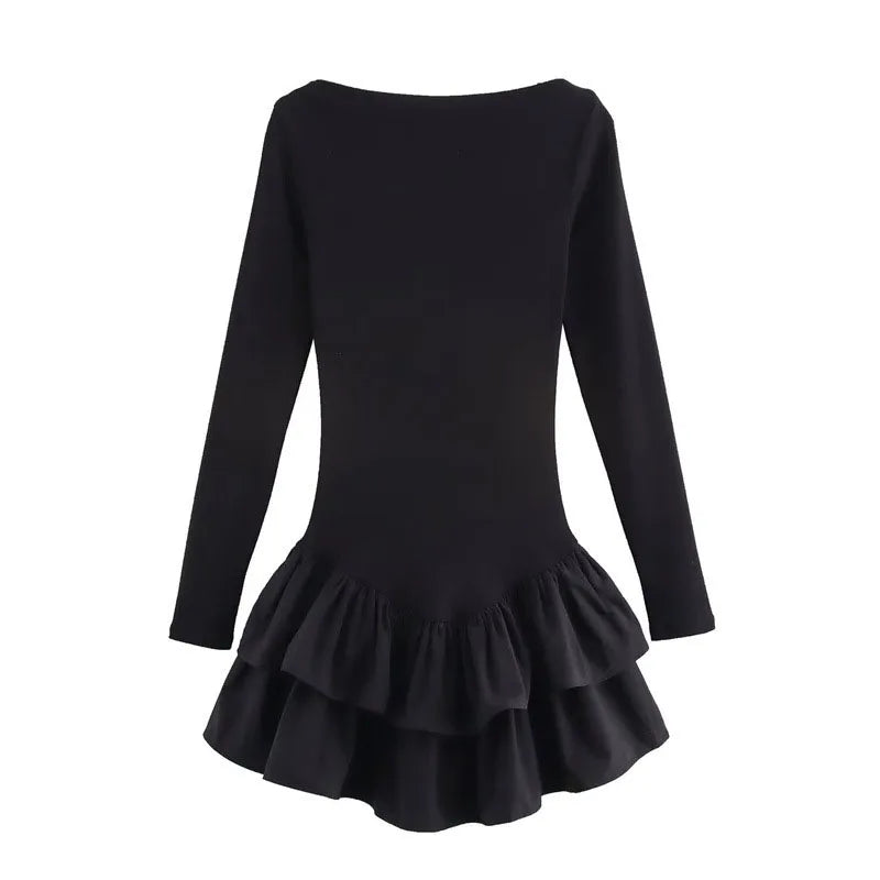 HXAO Womens Dresses Ruffled Corset Dress Summer 2025 Red Brown Black Dress O-Neck Long Sleeve Dresses Layered Party Vestidos 066