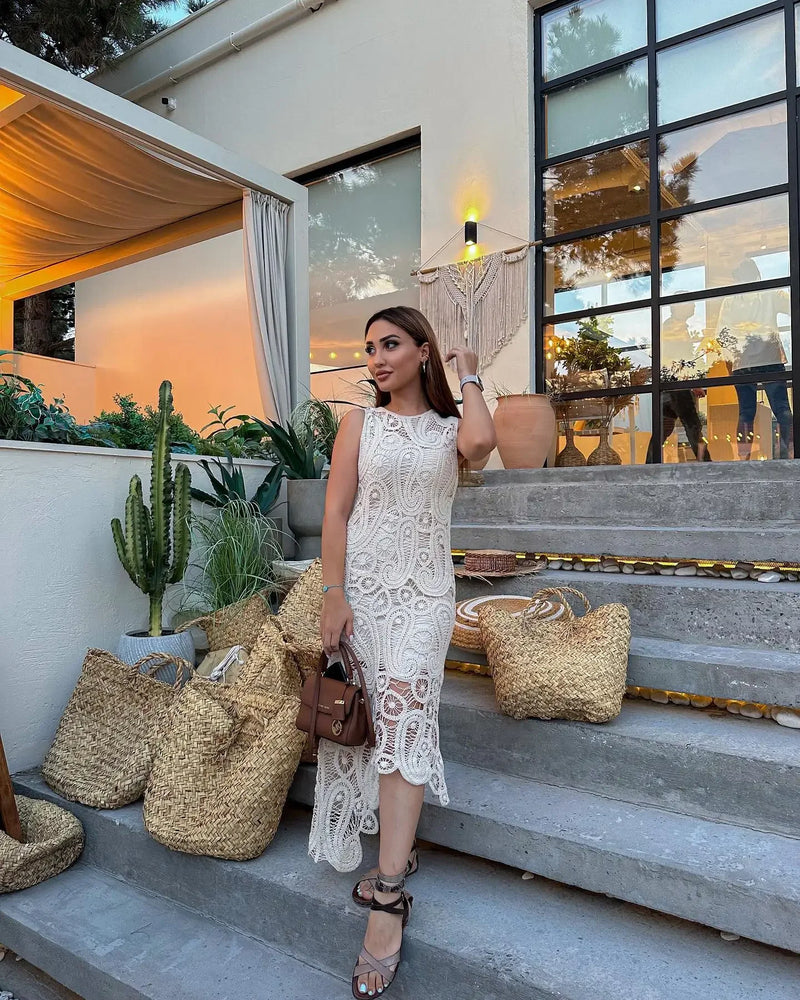 Crochet Knitted Asymmetric Women's Dress Set Chic O-neck Sleeveless Top Short Lining Skirt Suit 2023 Fashion Fairy Sweet Outfits