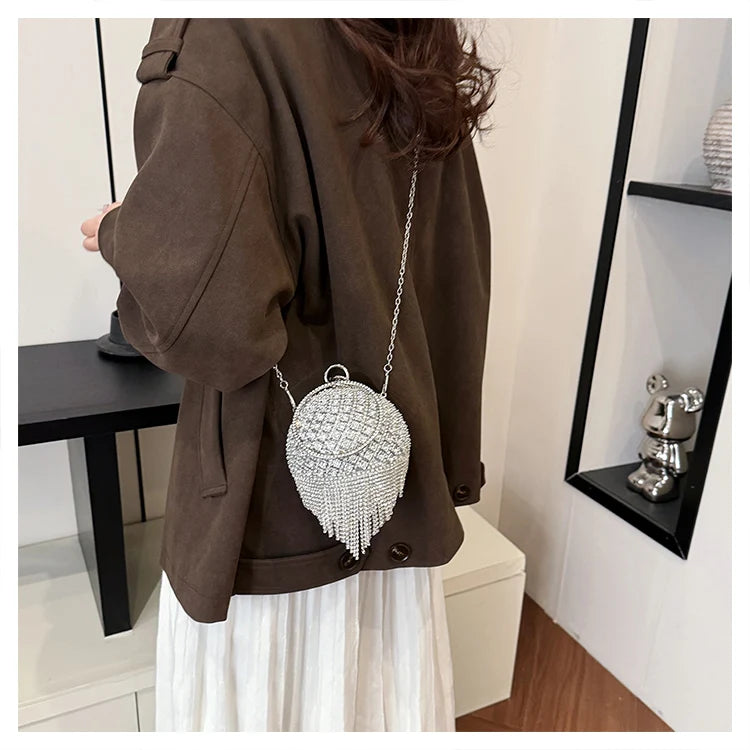 Super Cool Shiny Spherical Diamond Tassel Chain Shoulder and Crossbody Bags Hot Trendy Personality Handbags for Women 2025 Hot