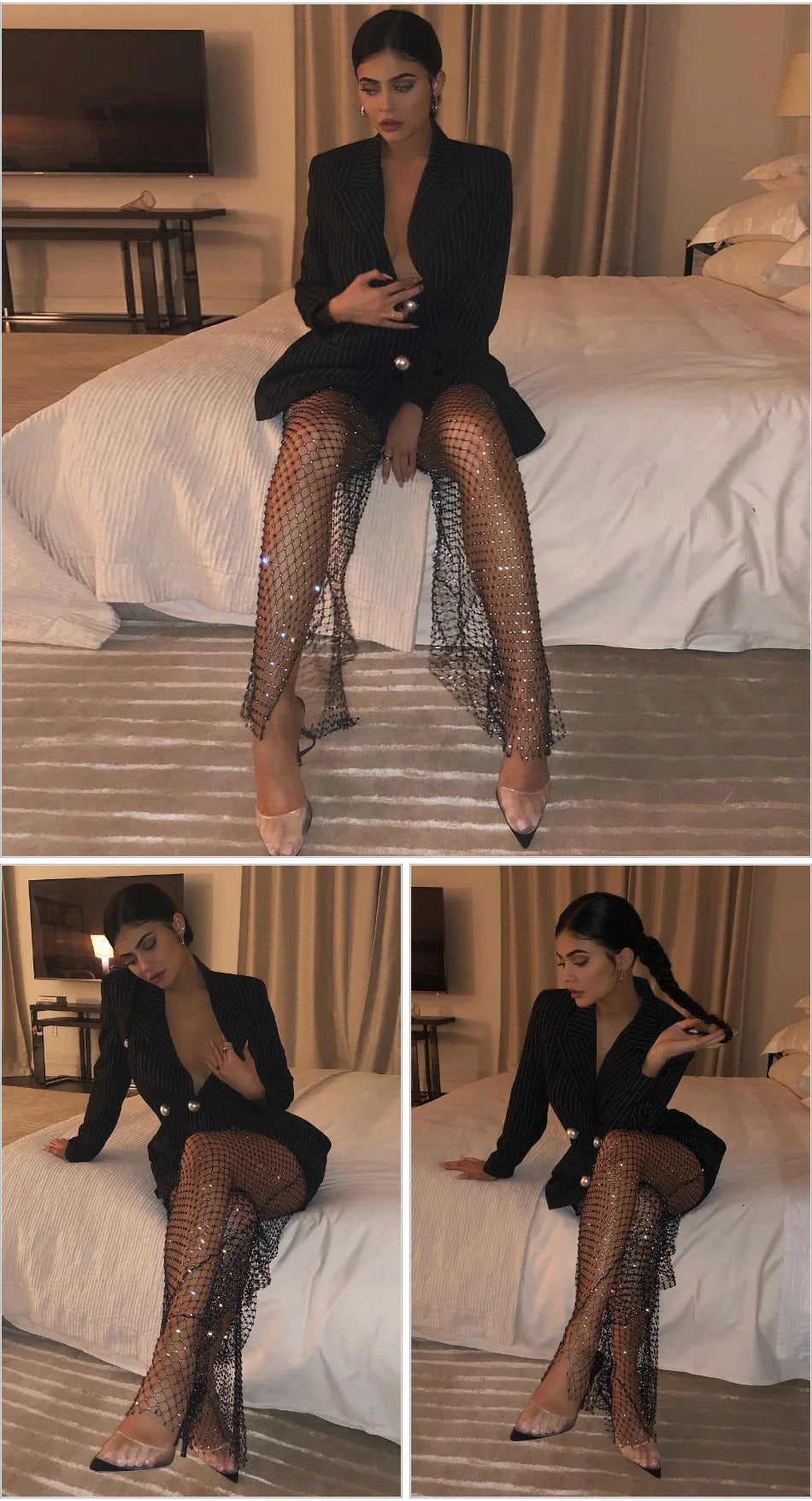 Sparkle Diamante Fishnet Wide Leg Trousers Crystal Mesh Flare Pants High Waisted Rhinestone Split Hem Leggings