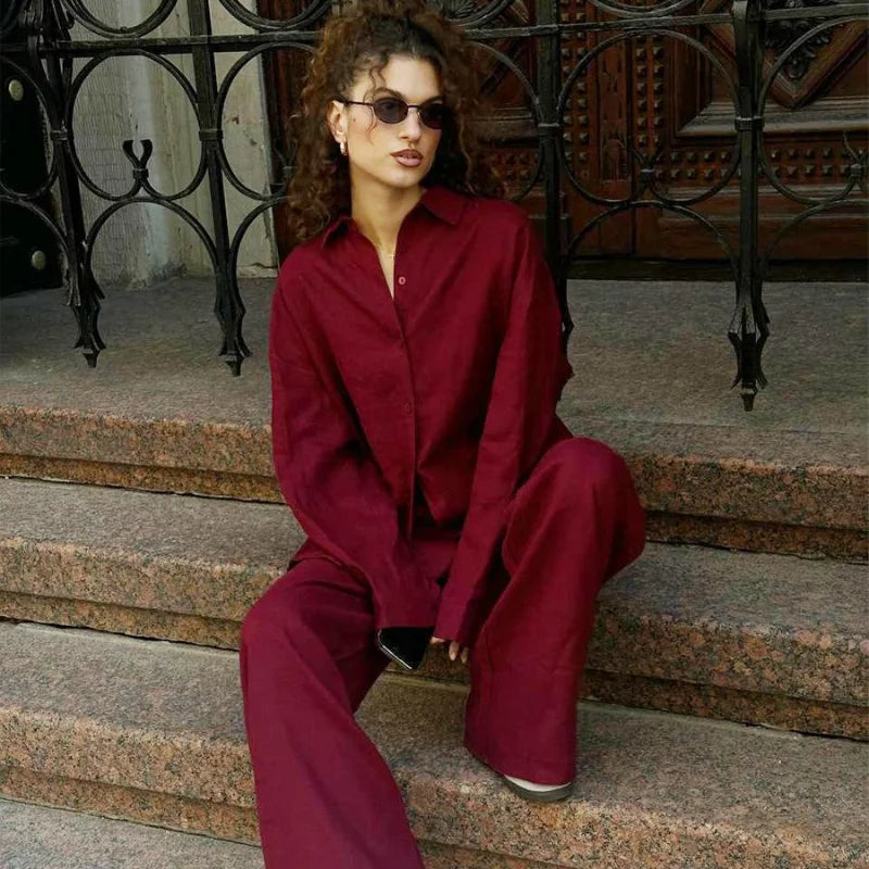 Conjunto casual de calças retas e soltas, moda primavera e outono, manga comprida, camisa de botão único, roupa chique