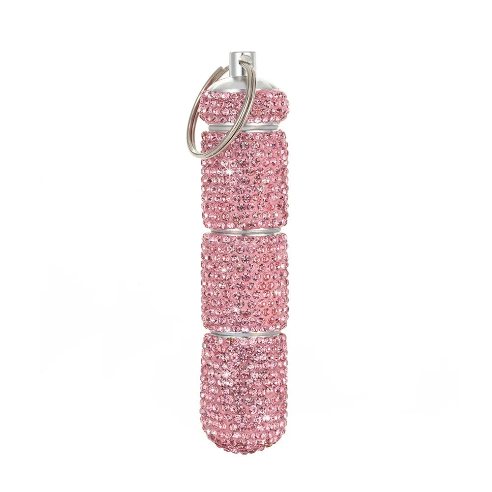 Porta-comprimidos portátil com strass (estilo "bling"), à prova d'água, pequeno e com chaveiro — Estojo fofo para guardar medicamentos.