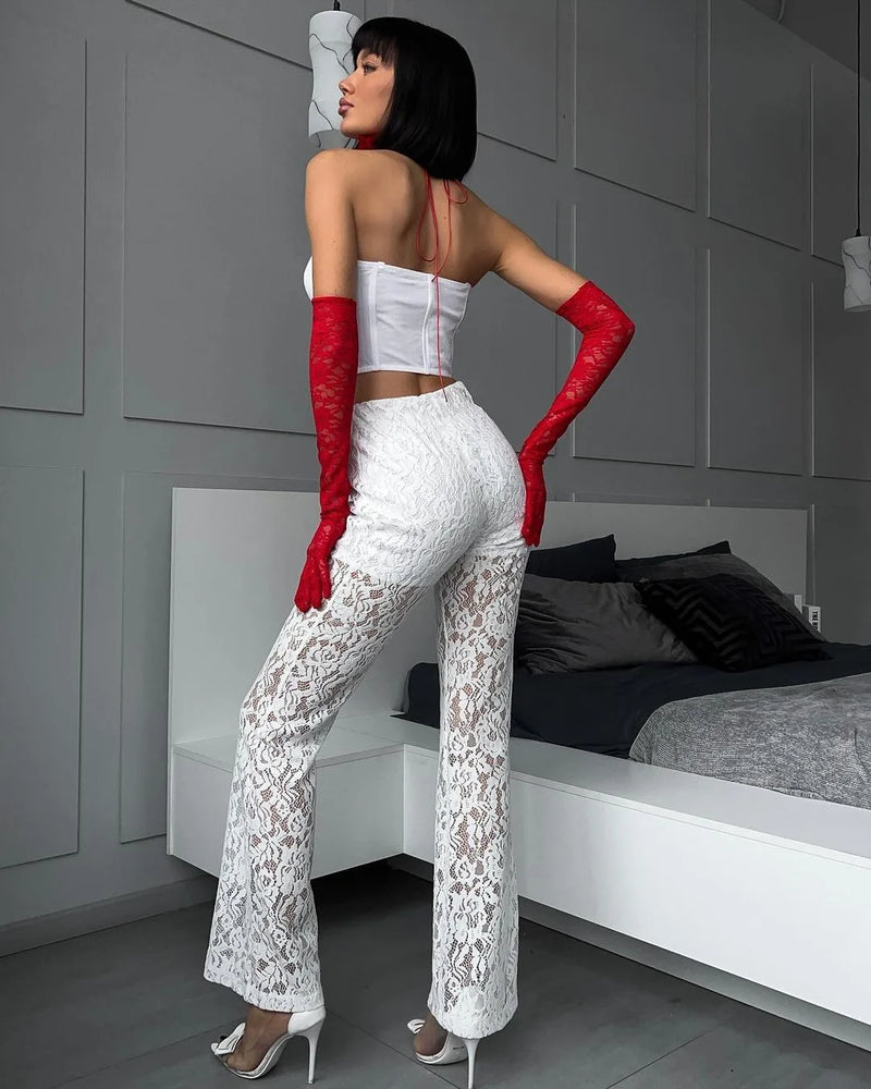 Calça feminina de renda  cintura alta, streetwear, sexy, vazada, feminina, casual, cintura elástica,moletom larga