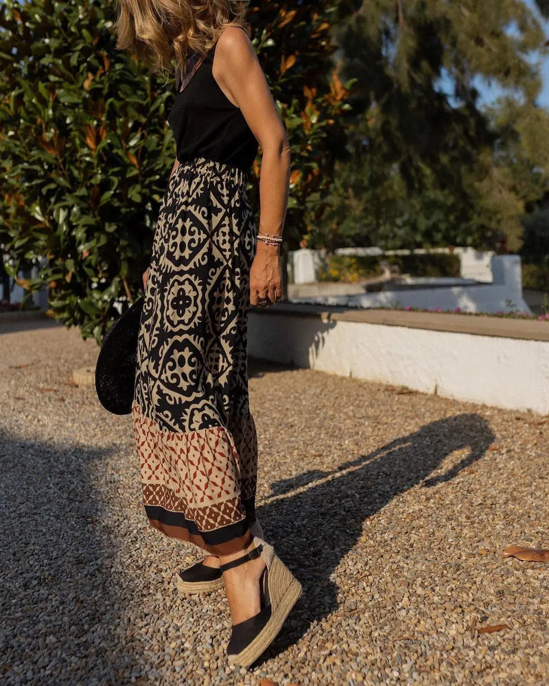 Saia maxi estampa boho feminina moda cintura alta impressão 3D vestido longo casual solto verão saias de cintura alta