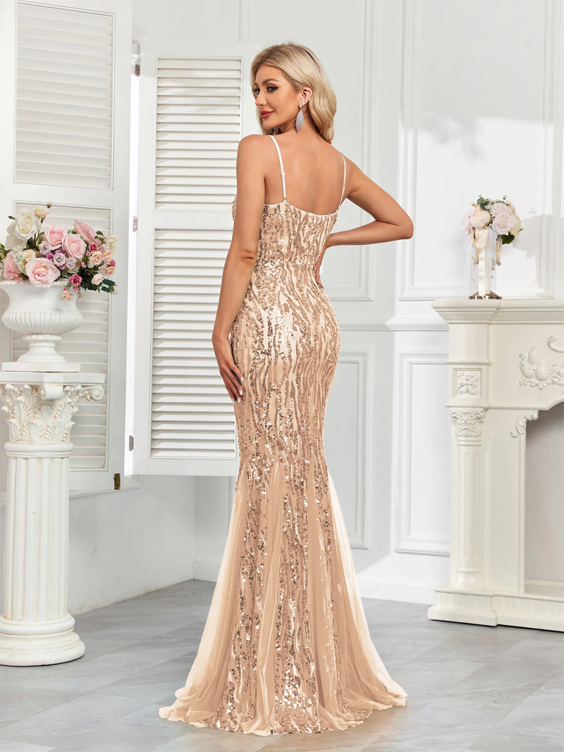 XUIBOL Party halter sequin gown with luxurious fishtail net skirt