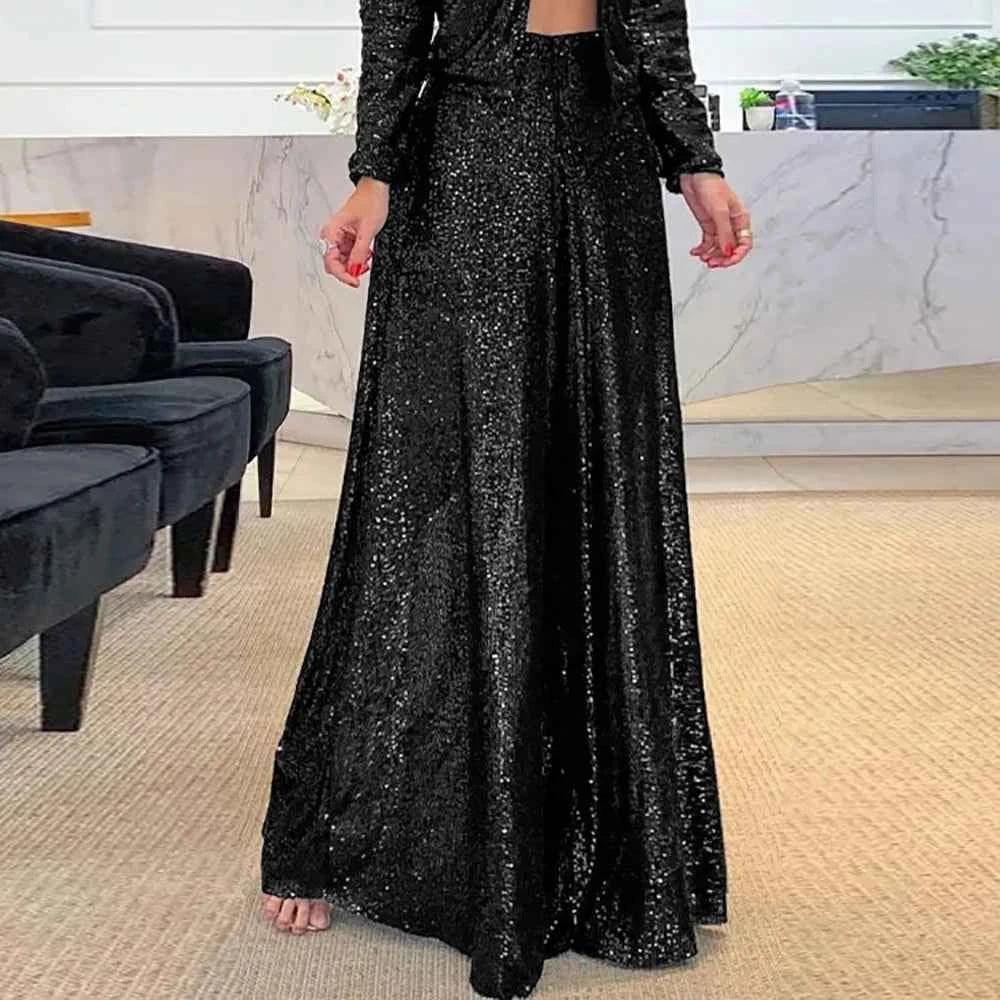 Women's Elegant Golden Thread Wide Leg Pants High Waisted Sparkle Trousers Glamorous Party Clubwear Shiny Evening Fashion Bottom