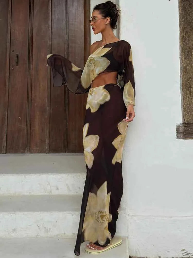 Kliou Floral Print 2 Piece Set Woman Skew Collar Full Sleeve Navel Exposed Tops+Elastic Waist Long Skirts Vacation Elegant Suits