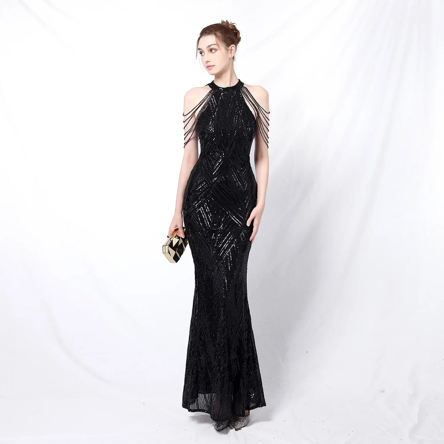 Xmas Sequin Maxi Dress Halter Neck Stripe Mermaid Long Lady Coctail Prom Dress Party Evening Dancing Performance Shimmering Wear
