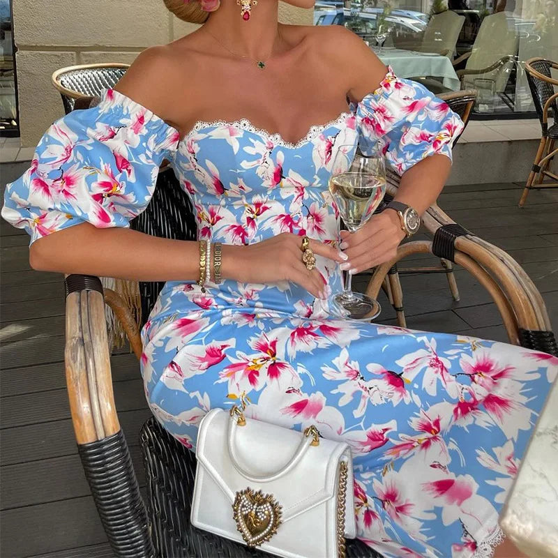 Elegant Party Summer Women's Dress Fashion Floral Print Sexy Strapless Lace Hem Off-the-shoulder Puffy Sleeve Wrap Hip Dress