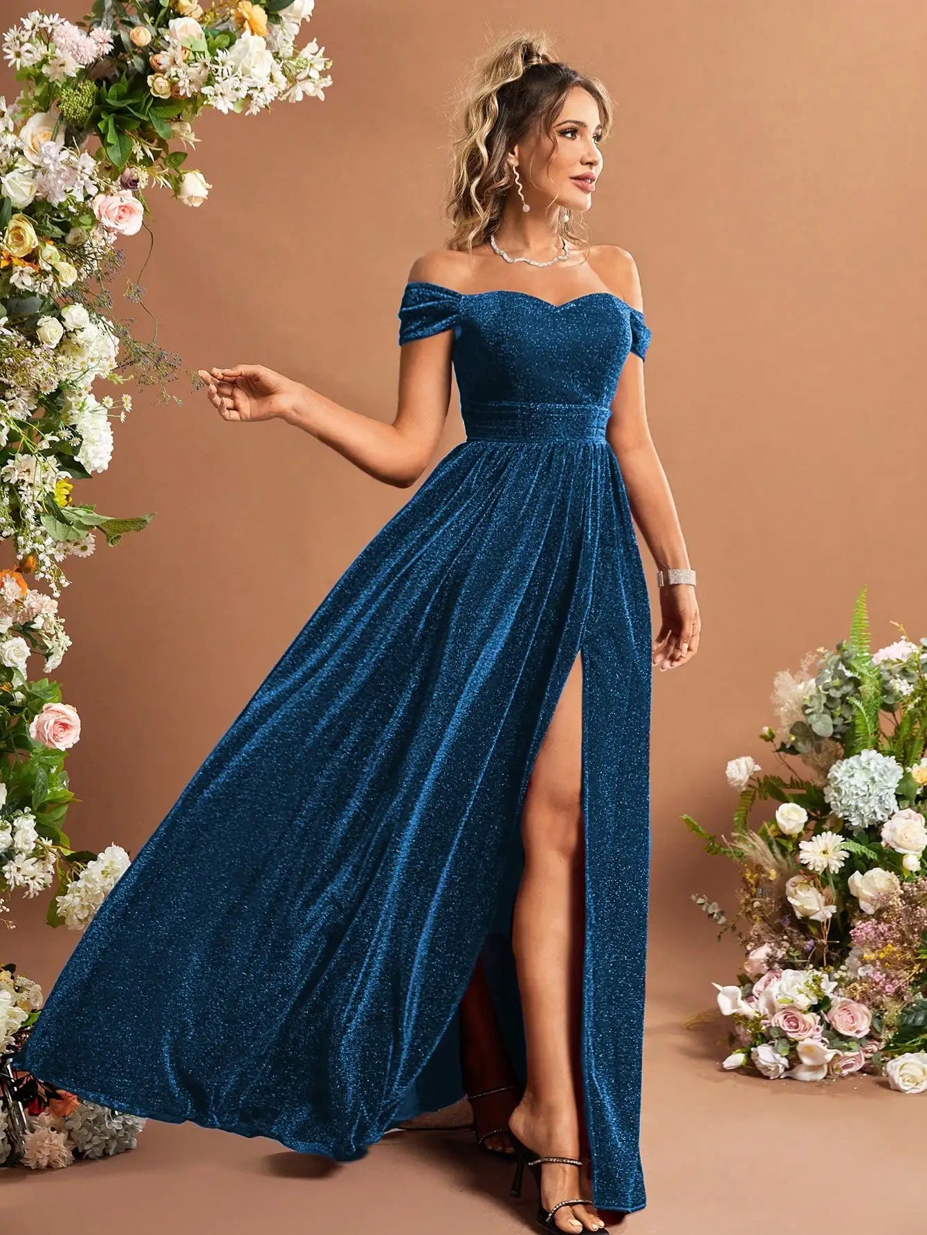 Off Shoulder Split Thigh Glitter Dress