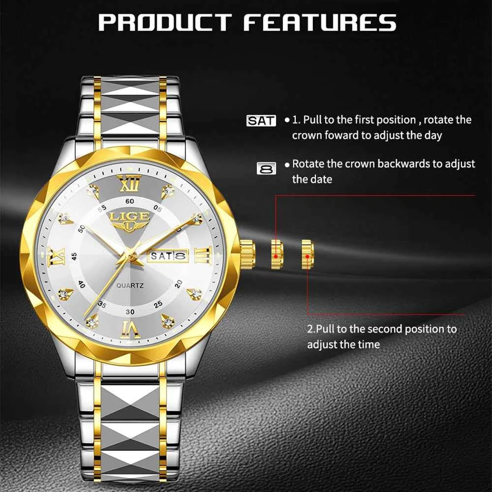 New LIGE Top Brand Luxury Man Wristwatch Waterproof Luminous Date Week Men Watches Stainless Steel Quartz Men's Watch Male reloj