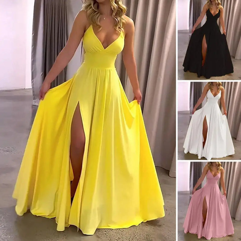 Women Maxi Dress Summer Fashion Suspender Solid Sleeveless Off Shoulder Low-cut V Neck Slit Slim Party Dresses High Streetwear - CRAVO ROSE